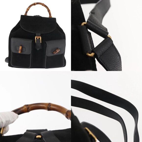 GUCCI Bamboo Backpack Suede Black Gold 003 2058 016 Auth BA5937 - Picture 13 of 15